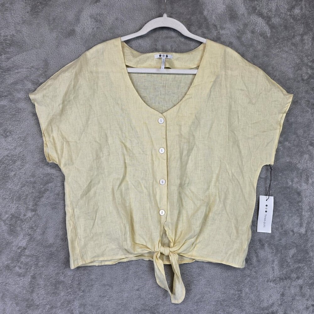 Three Dots Blouse Womens L Yellow Linen Button Front Tie Hem Short Sleeve Top